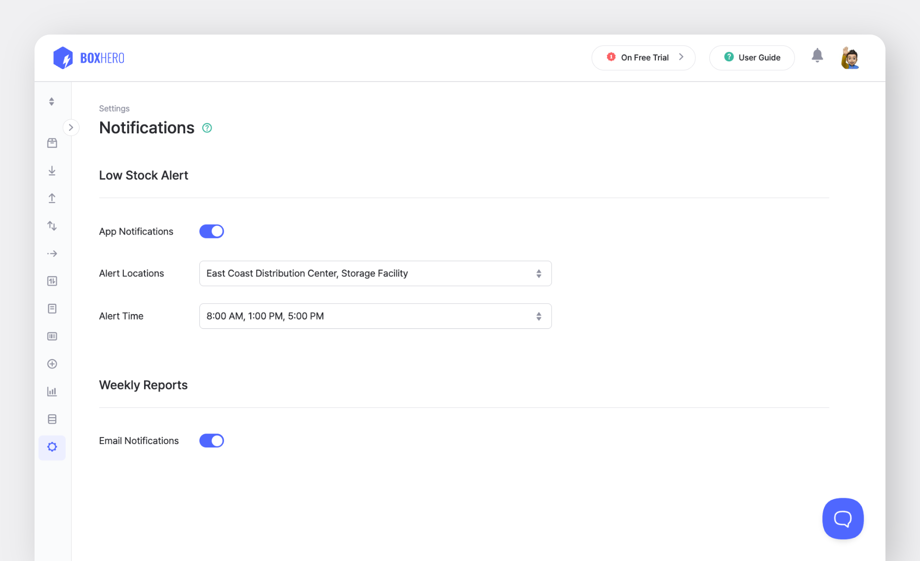 BoxHero Notification Settings UI Screenshot